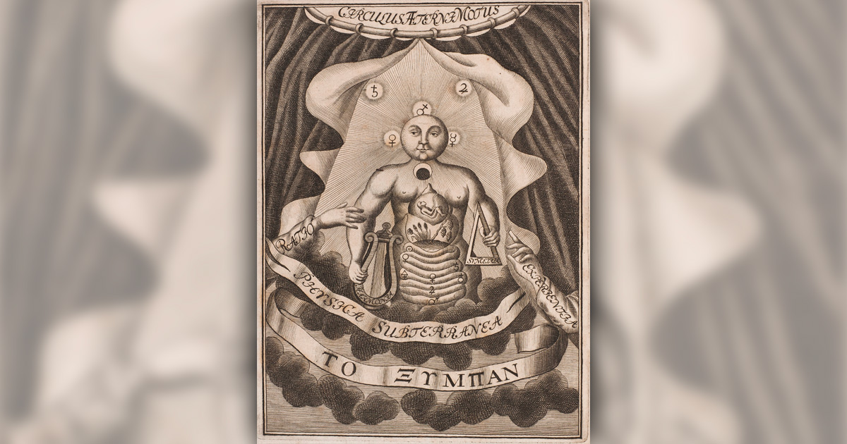 This image shows the symbols for metals growing in the bowels of this alchemical man. From Becher, Johann Joachim. Physica subterraena. 1738.