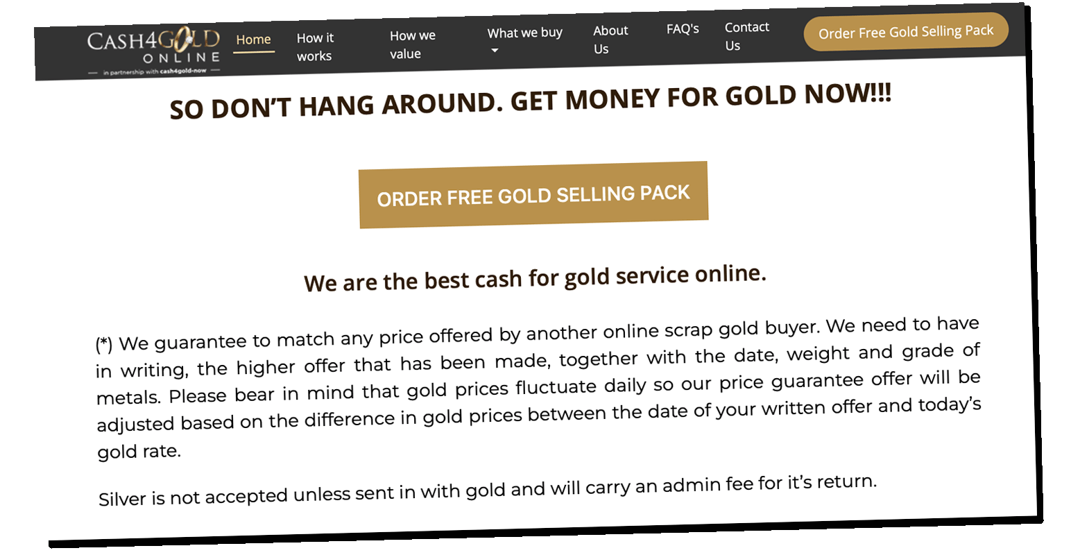 Screenshot of the Cash4Gold Online 'best price' guarantee