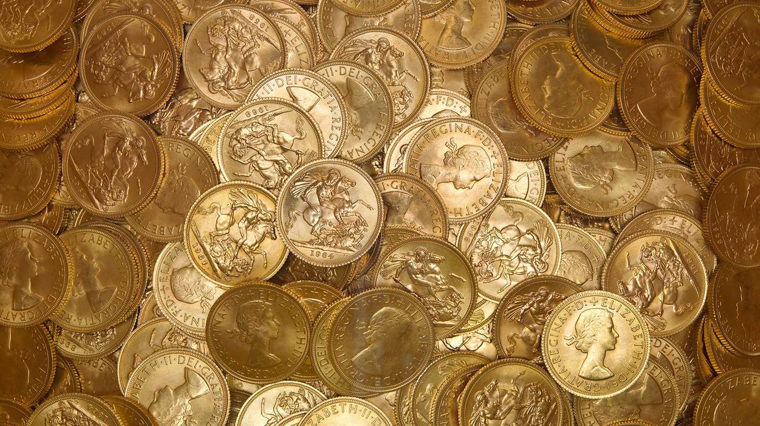 A photograph of gold sovereign coins